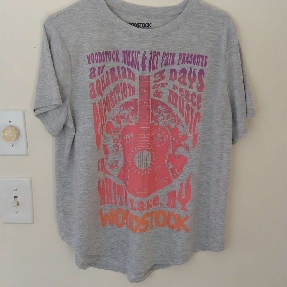 Rock festival tee shirt guitar music Woodstock New York grey coral pink purple